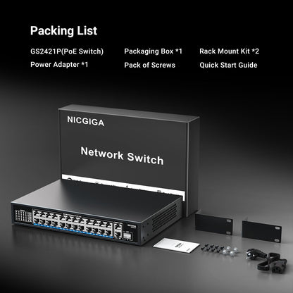 NICGIGA 24-Port Gigabit PoE+ Switch – 24×PoE+@300W, 2×Gigabit Uplink, 1×SFP, Unmanaged, Metal Case